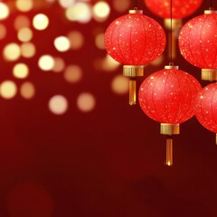 Chinese New Year 2025, Red decorative lanterns glow against a warm background, symbolizing celebration and cultural significance in festive settings.