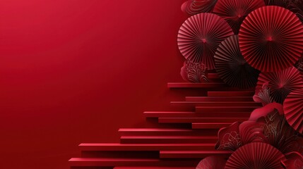 Poster - Chinese New Year 2025, A vibrant red background adorned with traditional paper umbrellas, creating a rich cultural aesthetic.