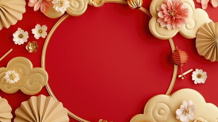 Poster - Chinese New Year 2025, A vibrant red background features decorative gold clouds and flowers, creating an elegant frame for text or images, ideal for celebrations.