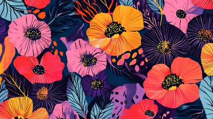 Sticker - Vibrant Floral Pattern With Bold Colors And Abstract Leaves