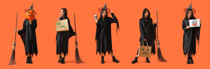 Wall Mural - Set of beautiful young Asian woman dressed for Halloween as witch on orange background