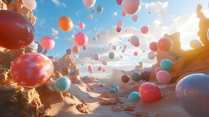 Sticker - Colorful Balloons Floating Over Sandy Landscape