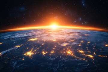 Wall Mural - panoramic view of earth from space the planet illuminated by sunlight glowing city lights visible wi