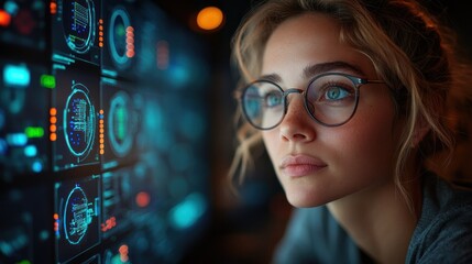 Poster - focused individual analyzing data on digital interface