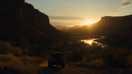 Poster - Sunset view over canyon river with off-road vehicle.