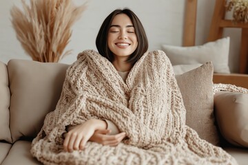 Sticker - A woman enjoys a peaceful moment wrapped in a cozy knitted throw, embodying warm cozy home ideas in the inviting interior of her house.