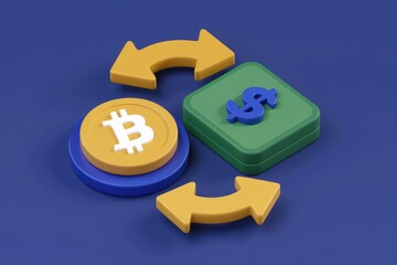 Poster - 3D render of Bitcoin and US dollar exchange, illustrating cryptocurrency trading and conversion.