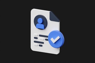 Fototapete - 3D rendering of a profile document with a checkmark, signifying successful profile completion or verification.