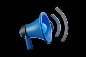 Aufkleber - A 3D rendering of a blue megaphone, broadcasting a message with stylized sound waves.