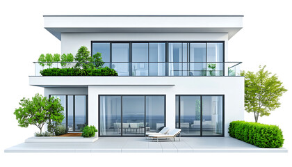 Wall Mural - Modern two-story house with large windows and greenery on balconies.