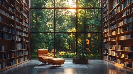 Wall Mural - Serene Library With Floor To Ceiling Windows And Lush Forest View