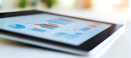Poster -  A close-up of a business strategy document on a digital tablet, with colorful charts and graphs, set against a clean white background