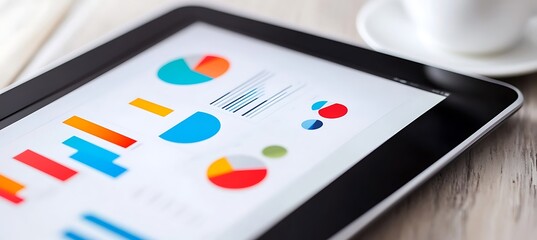Poster -  A close-up of a business strategy document on a digital tablet, with colorful charts and graphs, set against a clean white background