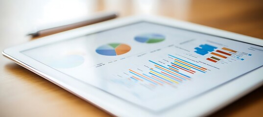 Poster -  A close-up of a business strategy document on a digital tablet, with colorful charts and graphs, set against a clean white background