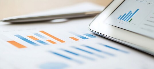 Poster - A close-up of a business strategy document being reviewed on a digital tablet, with a focus on the analysis and graphs, set against a clean white background. Leave empty space on the left side for tex