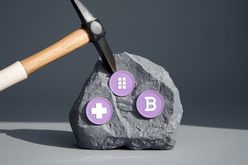 Poster - A pickaxe extracts cryptocurrency symbols (Bitcoin, Binance, Litecoin) from a rock, symbolizing mining.