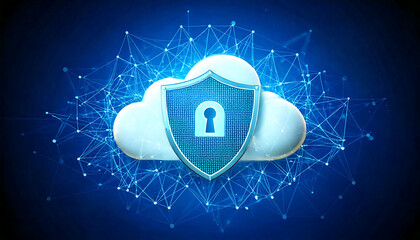Poster - Stunning 3D rendering of a cloud protected by a shield, symbolizing secure cloud computing and data protection.  Perfect for illustrating cybersecurity, data privacy, and network safety concepts.