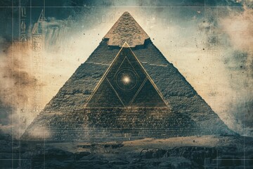 Poster - Ancient pyramid, geometric overlay, textured background.