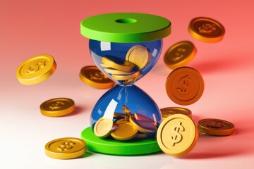 Aufkleber - Time is money; gold coins falling into an hourglass symbolize the passage of time and the value of money.