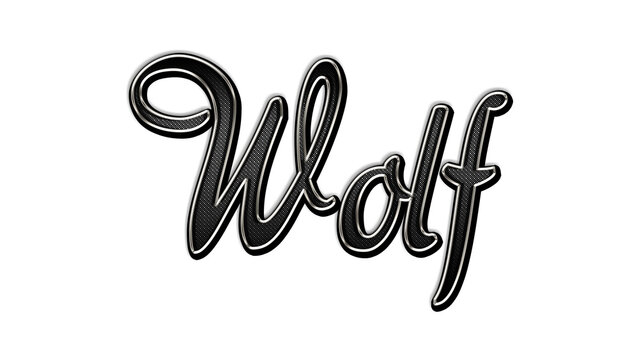 black metal 3d design of name Wolf on white background.