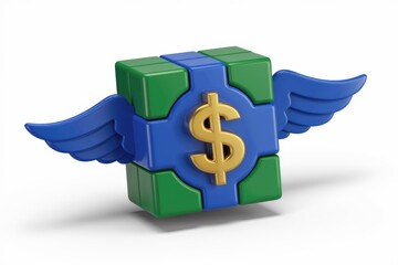 Aufkleber - A colorful cube with wings, displaying a golden dollar sign, symbolizes fast financial growth or success.