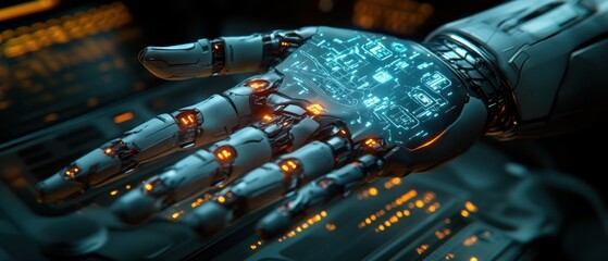 Poster - Robotic hand with illuminated circuitry and technology interface