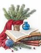 © Angelina - A cheerful winter tableau featuring books, a scarf, and a Christmas ornament with pine branches and berries.