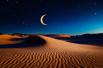 Canvas Print - A crescent moon and star shining over a peaceful desert scene, symbolizing the start of Ramadan under a clear night sky