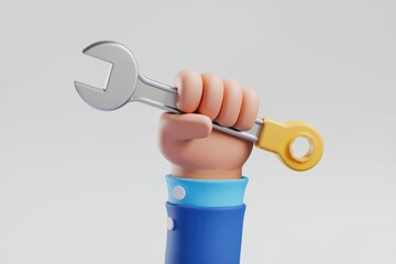 Fototapete - A cartoon hand firmly grips a wrench, symbolizing repair, maintenance, or problem-solving.