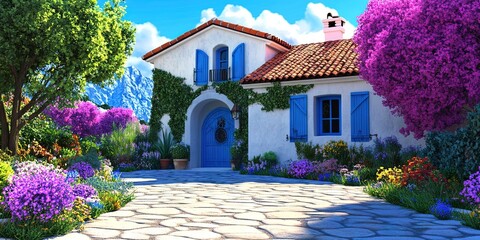 Canvas Print - 2D animation house with mediterranean style architecture