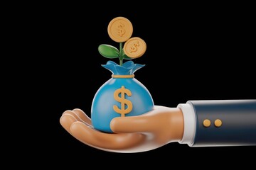 Aufkleber - A hand holding a money bag with a growing money plant symbolizing financial growth and investment.