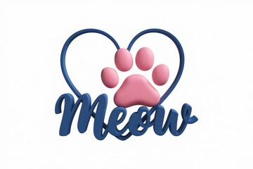 Poster - 3D render of a paw print inside a heart with the word Meow.