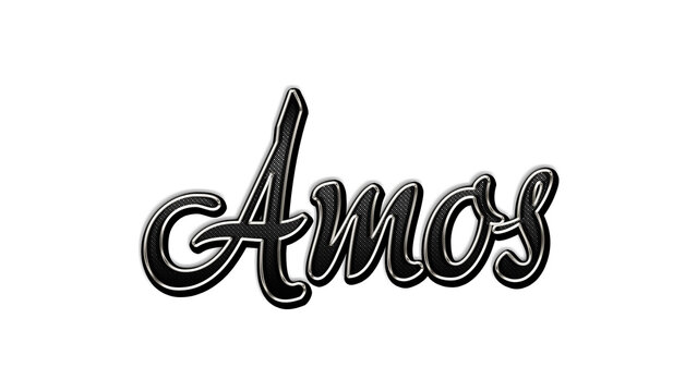 black metal 3d design of name Amos on white background.