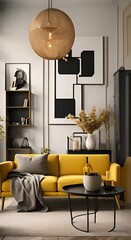 Wall Mural - Modern interior design of scandinavian apartment living room with yellow sofa sideboard and black armchair 3d animation rendering 4K vertical