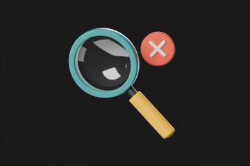 Fototapete - A 3D rendering of a magnifying glass with a red 'X' signifying a failed search or unsuccessful finding.