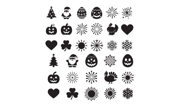 Holiday and Seasonal Icon Silhouettes Vector Set - Festive Illustrations for Celebrations