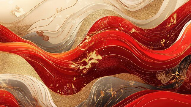 Abstract design with celebratory patterns for New Year, blending smooth red waves and gold accents.