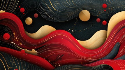 Fototapete - Abstract design with celebratory patterns for New Year, blending smooth red waves and gold accents.