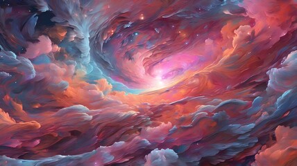 Poster - A vibrant, ethereal digital painting of a cosmic nebula, featuring swirling clouds of pink, blue, and orange hues, creating a sense of otherworldly beauty and infinite space