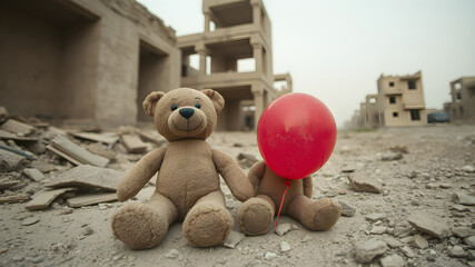 Wall Mural - Pakistan War destroyed city, A Dirty little bear doll and a red balloon,Desolation,high resolution, photography, taken with a 60mm lens, ISO 300, f/ 4, 1/ 200th,soft shadows, high contrast, clean shar