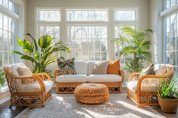 Wall Mural - A bright and airy sunroom with plenty natural light, cozy seating, and plants creating a relaxing atmosphere for reading or relaxation.