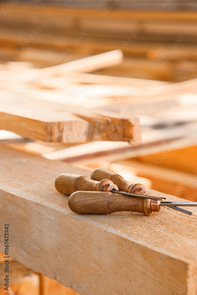 Chisels on wooden plank at sawmill, closeup
