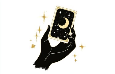 a woman holds a deck of tarot cards in a black and gold icon set. symbols of fortune telling, witchc