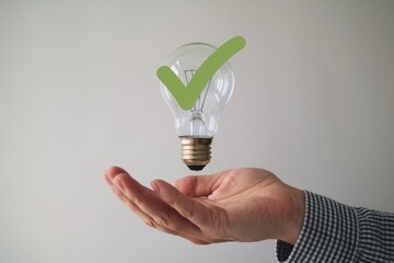 Leinwandbilder - A hand gently holds a lightbulb with a green checkmark, symbolizing a brilliant, approved idea.