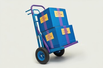 Poster - A blue hand truck carries two stacked blue boxes, each secured with purple ribbon and labeled 'Load Carefully'.