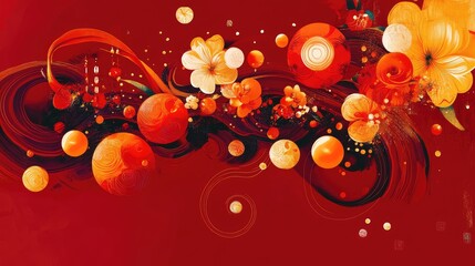 Poster - abstract festive chinese elements, including golden ingots and swirling red patterns, evoking prospe