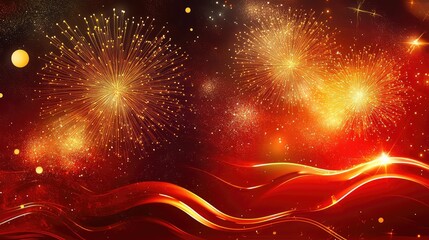 Poster - abstract fireworks display with bold red and gold streaks, glowing orbs, and intricate wave patterns