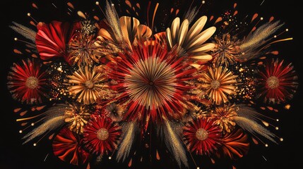 Poster - abstract fireworks explosion with radiant glowing sparks and intricate geometric patterns in gold an