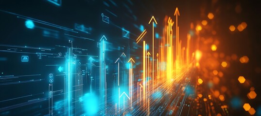 Poster - A conceptual image of a business growth chart rising upwards with digital arrows and icons, set against a futuristic background.