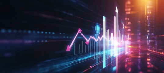 Poster - A conceptual image of a business growth chart rising upwards with digital arrows and icons, set against a futuristic background.